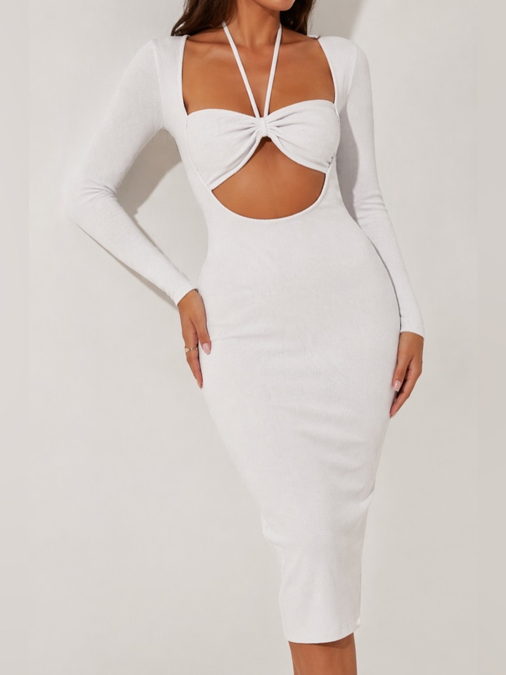 Boohoo White Ribbed Cutout Bow Midi Dress NWT Size 8